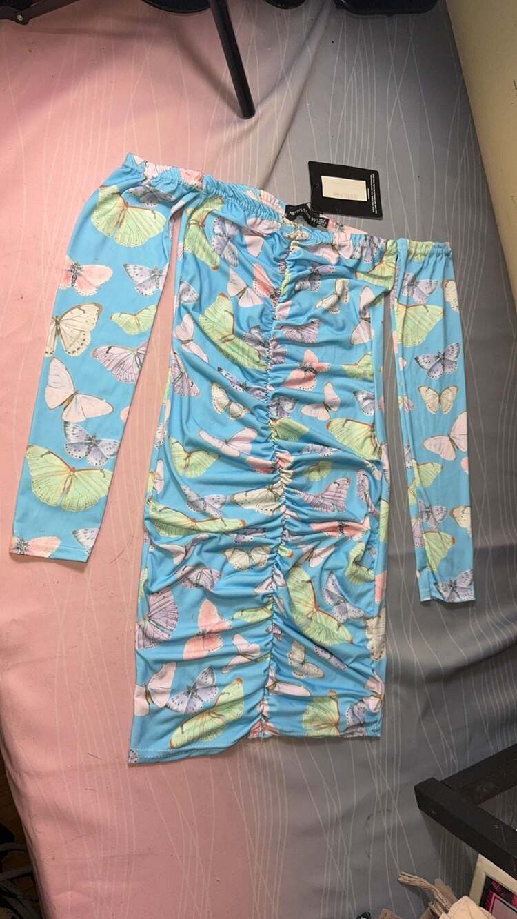 PrettyLittleThing Blue Butterfly Print Ruched Off The Shoulder Long Sleeve Mini